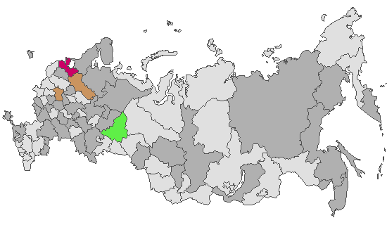 Fig. 4. Geographic distribution of RT-PCR detected influenza viruses in cities under surveillance in Russia, week 44 of 2022