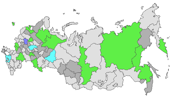 Fig. 4. Geographic distribution of RT-PCR detected influenza viruses in cities under surveillance in Russia, week 18 of 2023